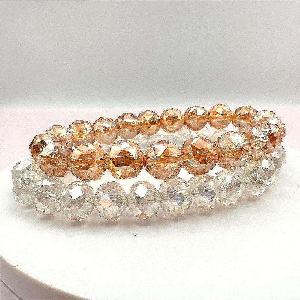 Vintage 90s Amber & Clear Faceted Glass Beaded Stretch Bracelets Set Jewelry Y2K